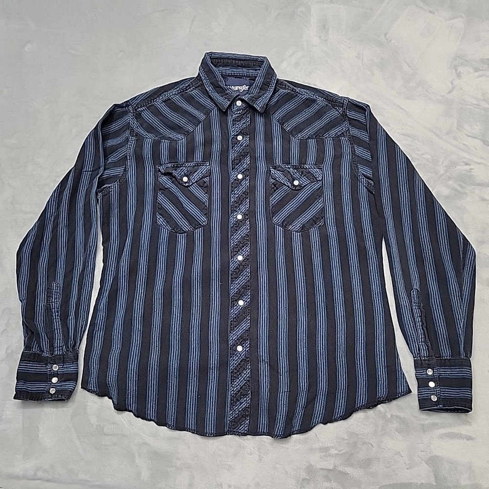 Wrangler Shirt Mens Large Black Blue Striped Western Pearl Snap Casual
